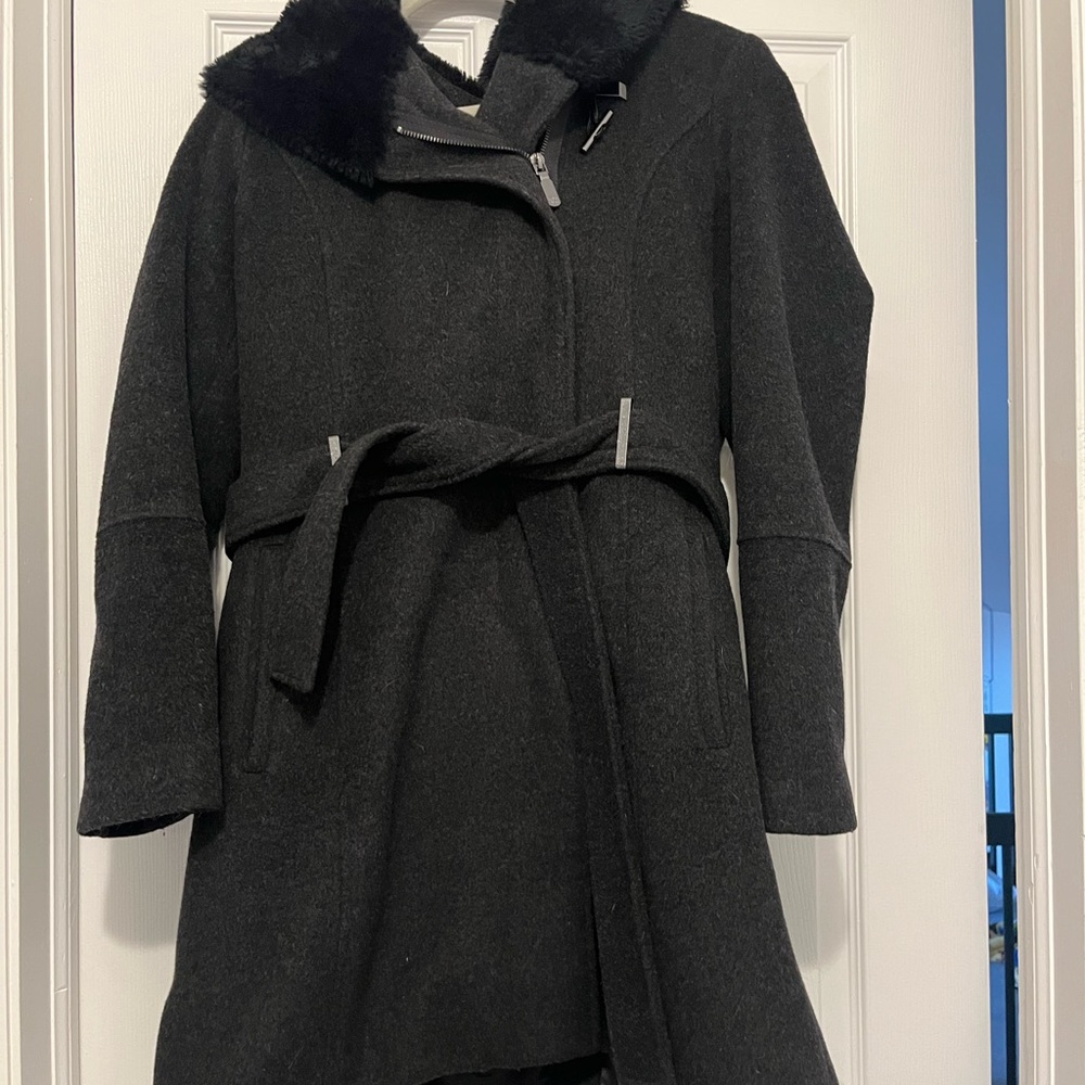 Black Wool Coat with Faux Fur Collar
